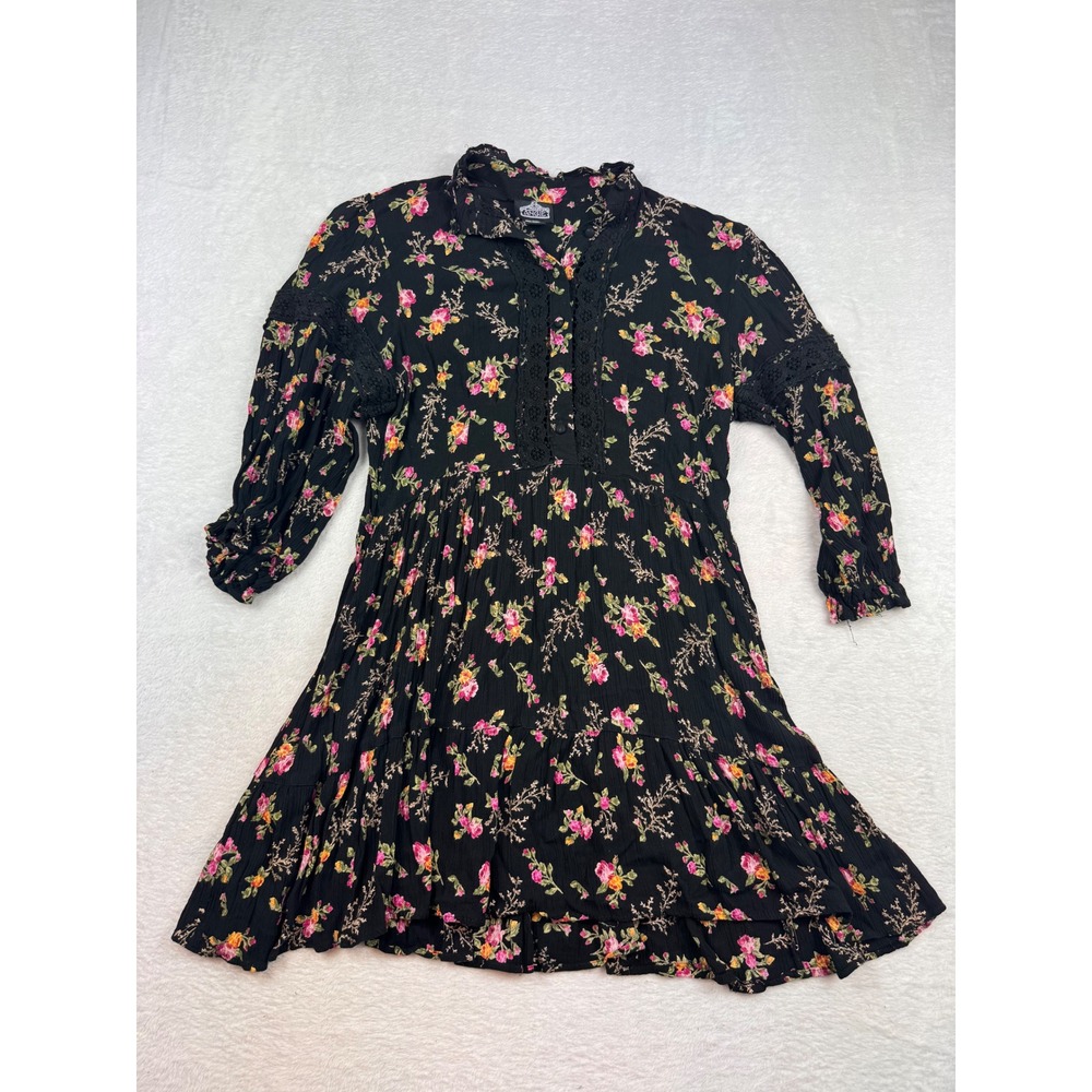Angie Floral Babydoll Dress Black Pink Crochet Lace Tiered Rayon Boho Small